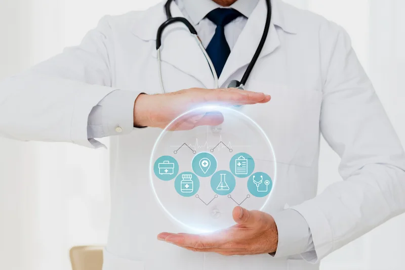 Doctor showcasing secure digital healthcare services with modern medical technology icons