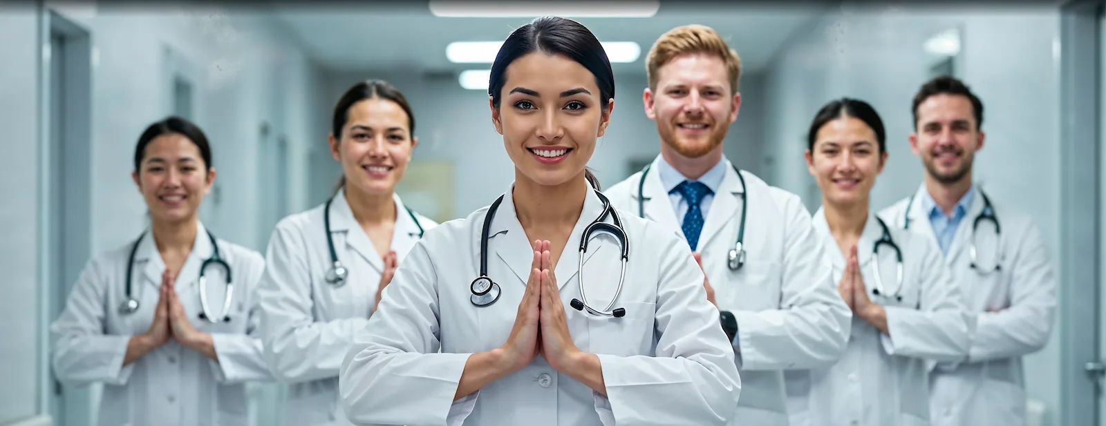 Group of smiling doctors standing together in a hospital corridor, greeting with folded hands