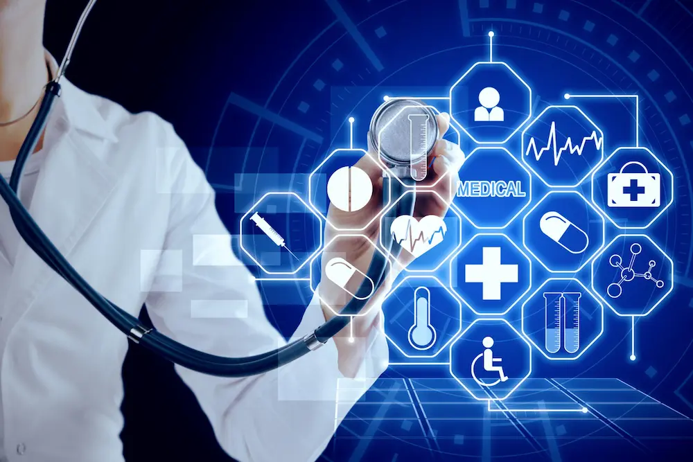 Doctor using digital health technology interface for online telemedicine consultation and healthcare services