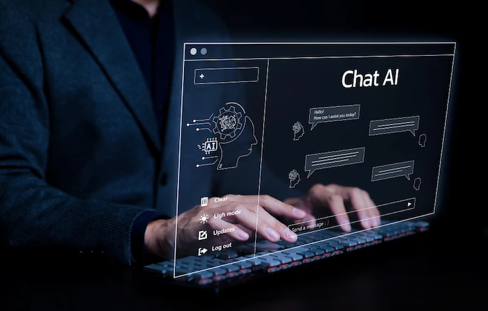 Hands typing with Chat AI interface for virtual health assistant