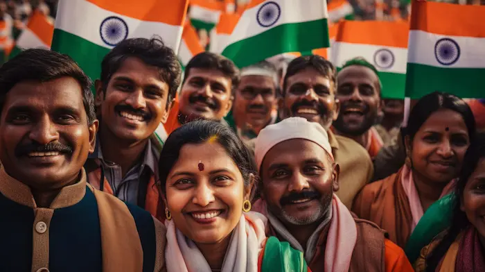 People holding Indian flags at event, representing government health schemes section