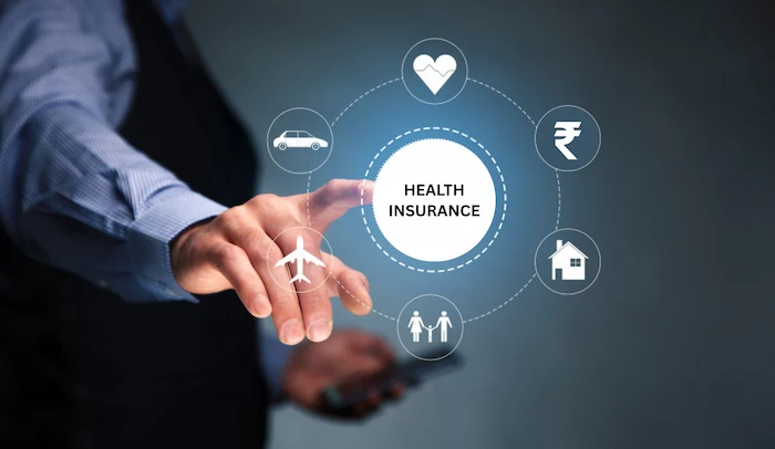 Hand pointing at digital health insurance options for secure medical and financial coverage