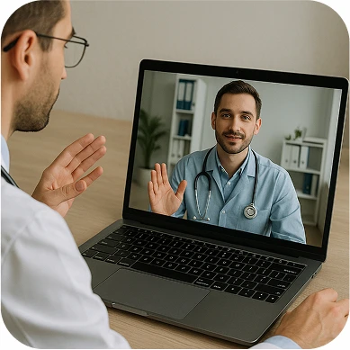 Doctor providing online video consultation through laptop for remote healthcare services
