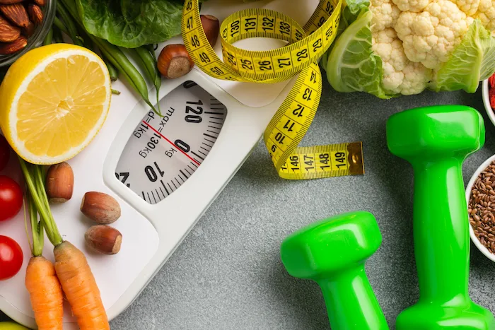 Healthy ingredients and notebook showing personalized diet plan for balanced nutrition