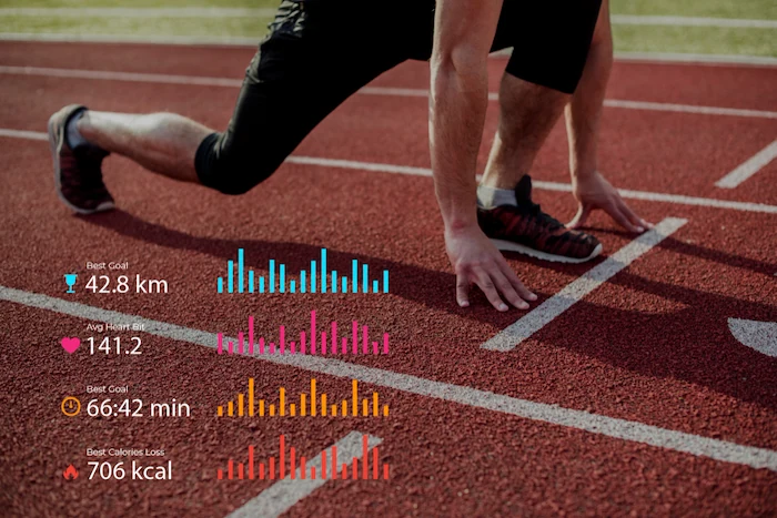 Runner on track with fitness statistics overlay for step counting and activity tracking